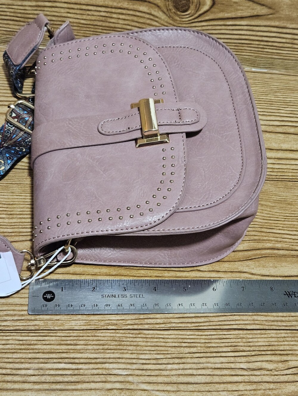 Vegan Leather Purse Crossbody Strap Pink Gold Grommet - Picture 11 of 11